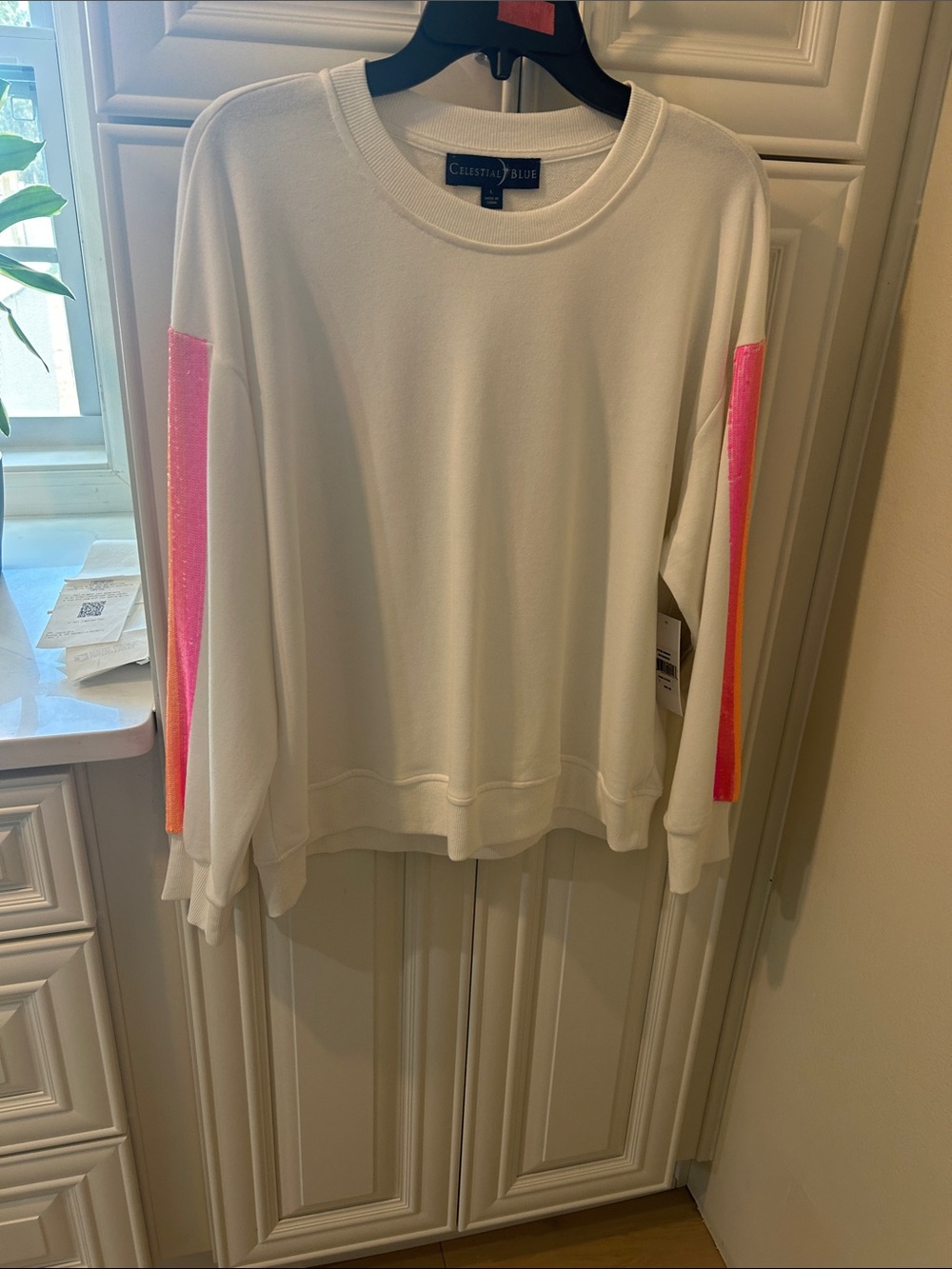 White Crewneck Sweatshirt with Pink Sleeve Panels